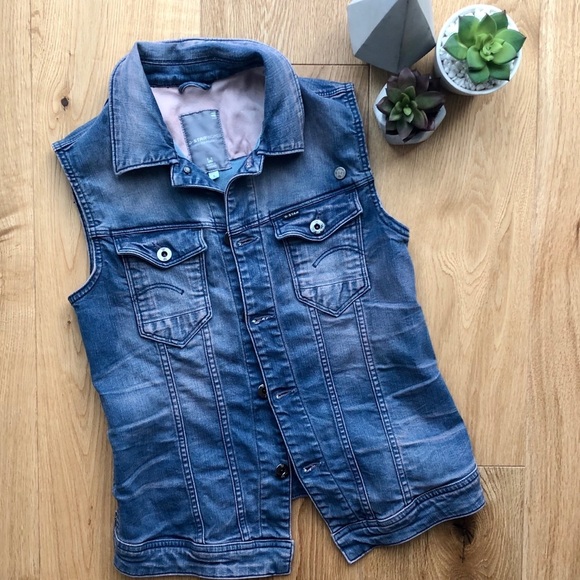 SALE ⬇️ G-STAR  Blue & Pink denim sleeveless vest - Picture 1 of 15